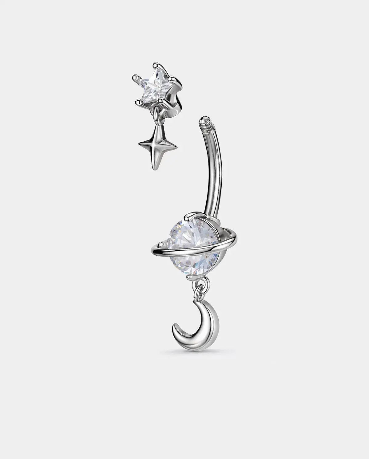 OUFER 14G Star & Moon Dangle CZ Belly Button Ring - Feminine Cosmic Navel Glow Stainless Steel Body Piercing Jewelry, Cute Piercing Accessory