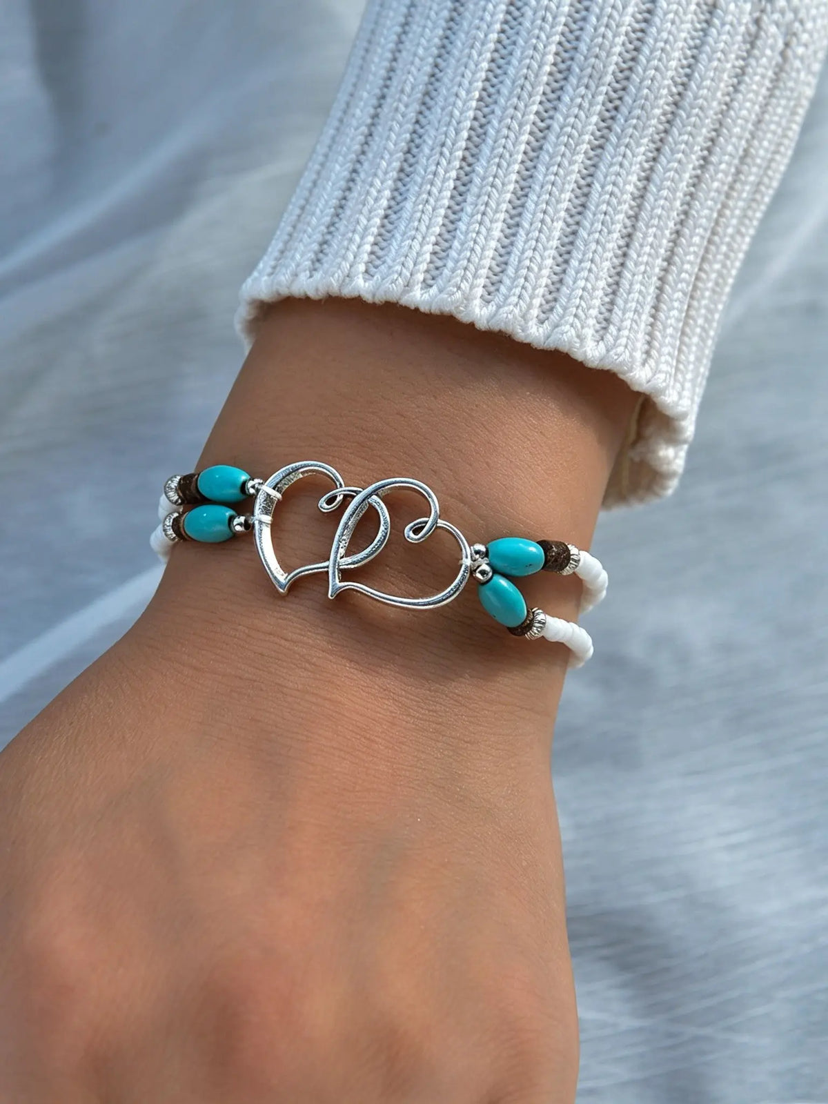 3PCS/Set Boho Anklet & Bracelet Combo, Turquoise & Shell Beads, Double Heart Accent, Thoughtful Gift for Her, Perfect for Summer, Birthdays & Boho Lovers, Lightweight & Comfortable, Ideal for Daily Wear, Vacation & Summer Outfits