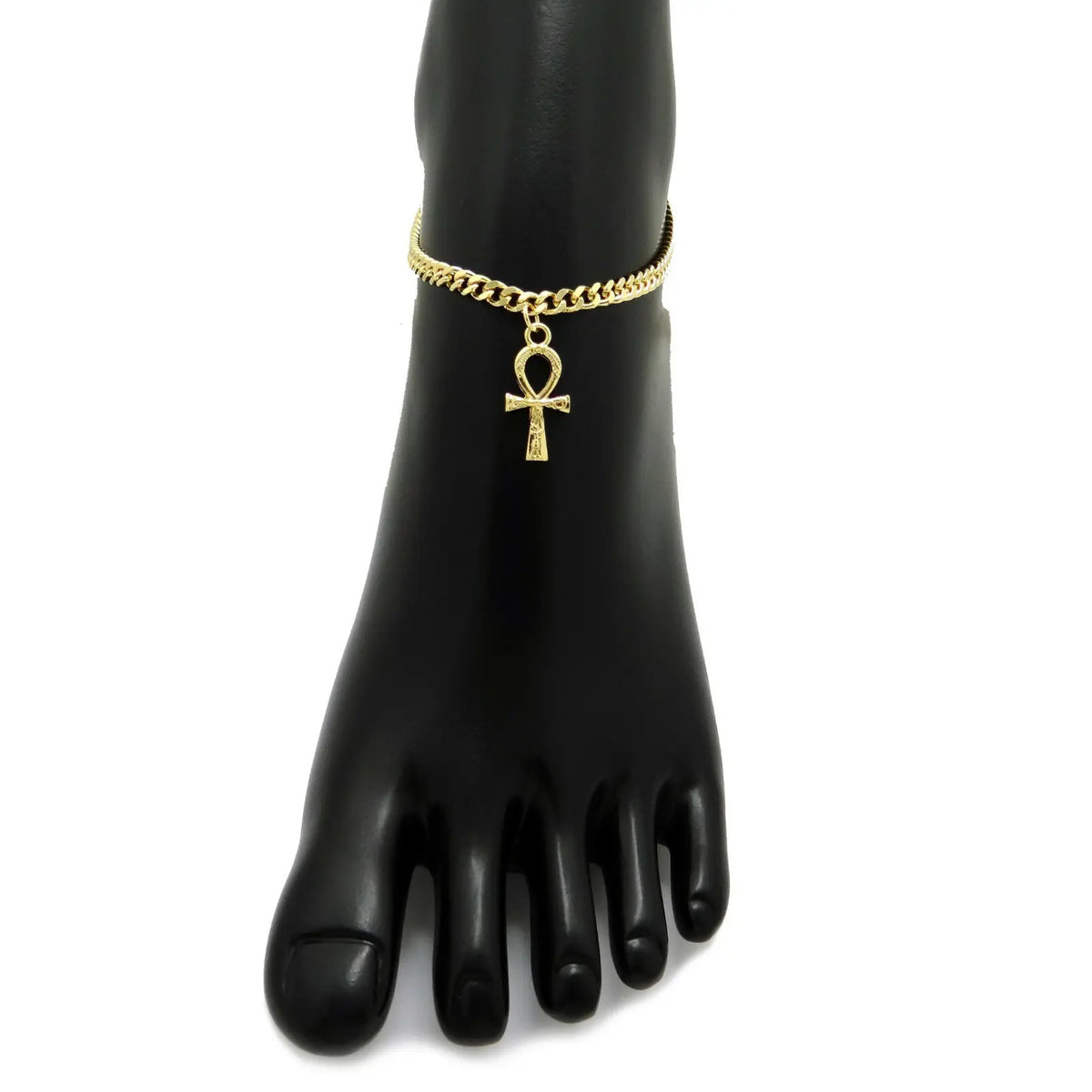MaxBling81 Women's Nefertiti Egyptian Cross Ankh Logo Female Anklet - 4mm 10" Gold-Plated Cuban Chain, Polished Finish, Metal Coating, Goddess Aesthetic Casual Fashion Jewelry Accessory