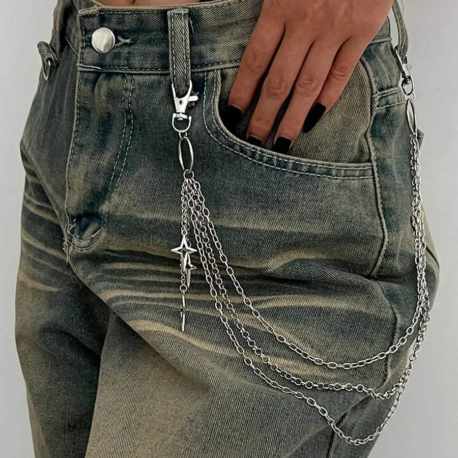 Women's Punk Metal Multilayer Star Pendant Body Chain - Geometric Chain, Star Shapes Daily Waist Jewelry, Hip Hop Dangle Jeans Accessory for Females