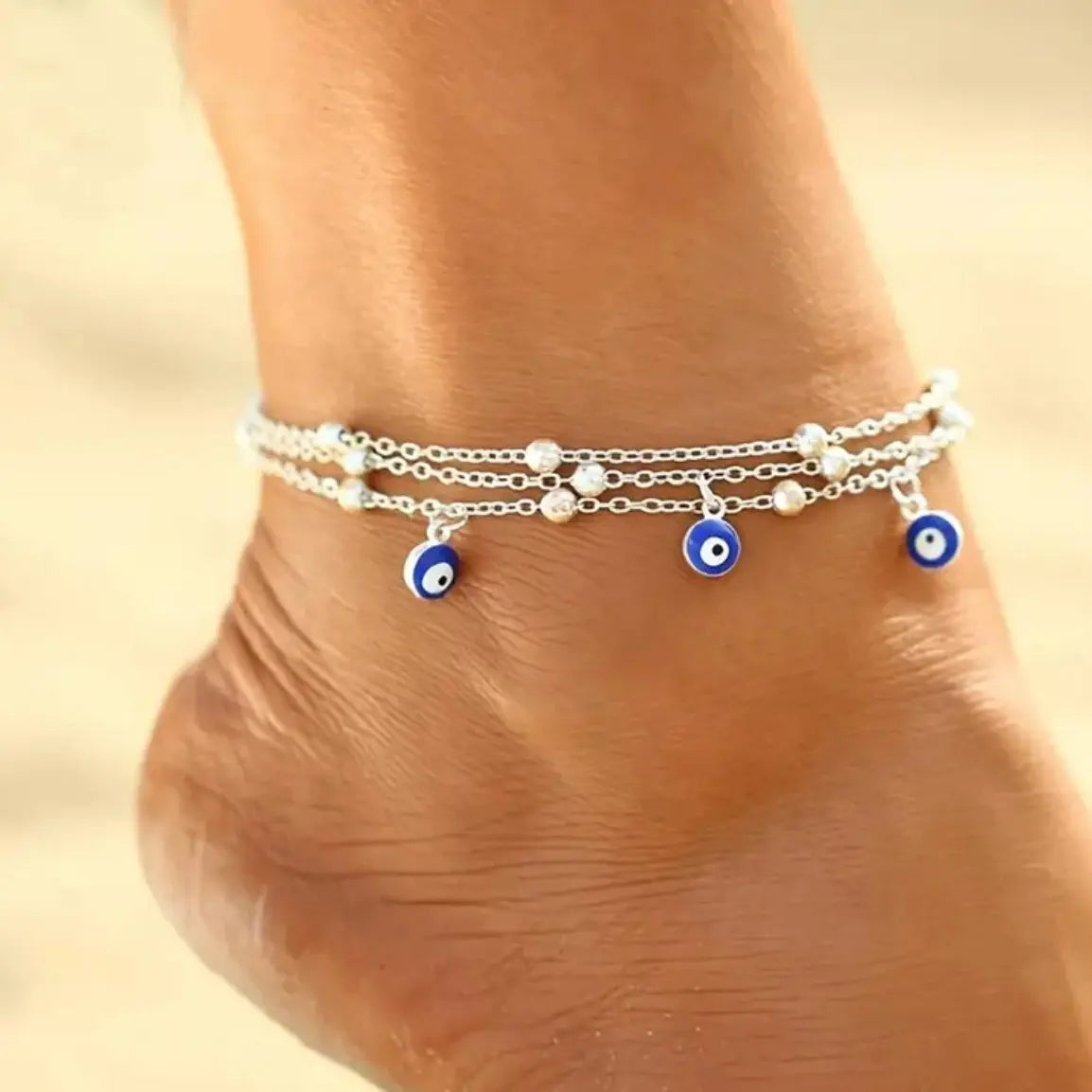 3 Layered Anklet with Evil Eye Charms for Women