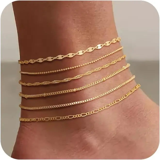 FREEKISS Waterproof Ankle Bracelets For Women 6PCS Thiny Herringbone Box Paperclip Bead Figaro Cuban Link Anklet Set Dainty Jewelry For Women Cute Summer Beach Jewelry Chains Beaded anklet Layers Textured