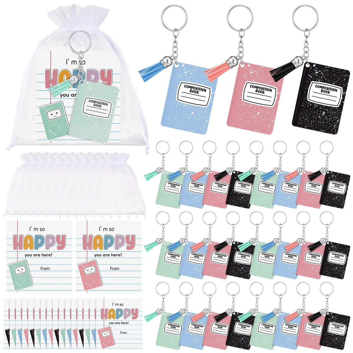 30 Sets Mini Plush Food Keychains with Motivational Pun Gift Cards - 10/24/30 Pack Mini Gifts, Inspirational Backpack Charms, Organza Bag-Included Pocket Favors, Classroom Rewards, Composition Notebook-Friendly Coworker Party Supplies, Cookie