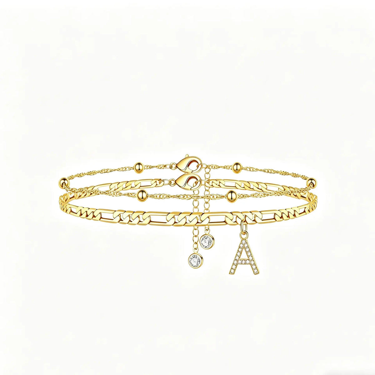 Zircon letter anklet with adjustable size, simple and fashionable, pearl Cuban double-layer anklet