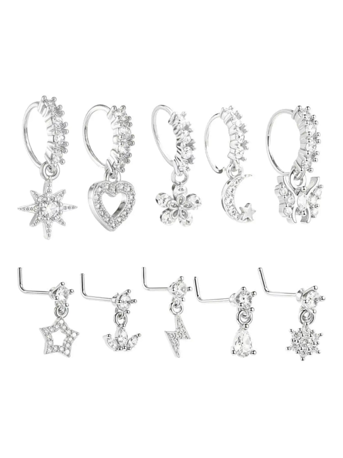 8/10/20 Pieces 20g Dangle Nose Ring, Nose Rings L Shaped, L-Shaped Hanging Stud, Stainless Steel, Cz Flower Pendant, Women's Nose Jewelry, All Seasons