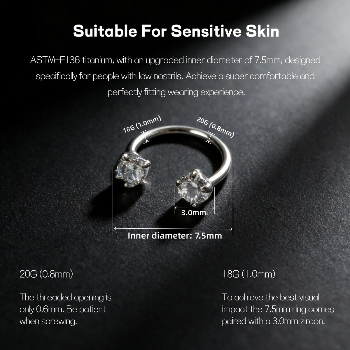 2pcs Titanium 18G/20G Horseshoe Nose Ring 7.5mm Inner Diameter Body Piercing Zircon 3mm Barbell Jewelry with Free Gem Picker Tool | Caution: Avoid Overtightening; Pre-Tighten with Provided Tool then Complete Tightening by Hand