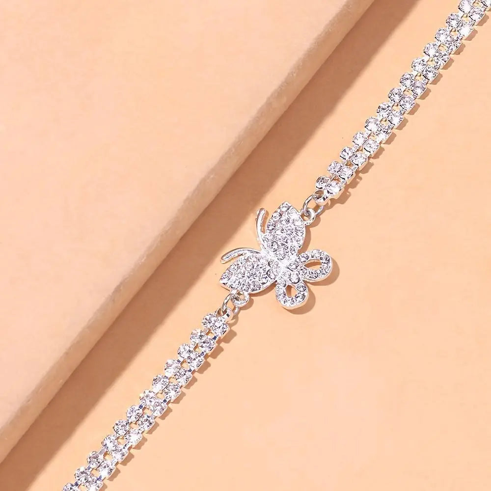 Women's Full-Drill Rhinestone Butterfly Anklet - Synthetic Alloy Geometric Claw Chain, Soldered Setting, Stainless Metal Coating, Elegant Casual Luxury Chain Jewelry Anklets for Daily Wear, Ideal Gift Accessory, Non-Customized