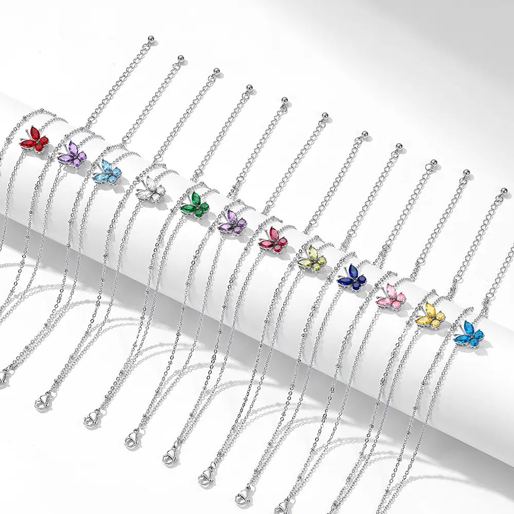 FindChic Women's Trendy Fashionable Accessories 2-Layered Non-Tarnish Tarnish-Proof Butterfly Birthstone Anklet, Zircon-Inlaid Cubic Zirconia Bling Jewellery for Adults, Summer Beach Daily Gift Ankle Bracelet