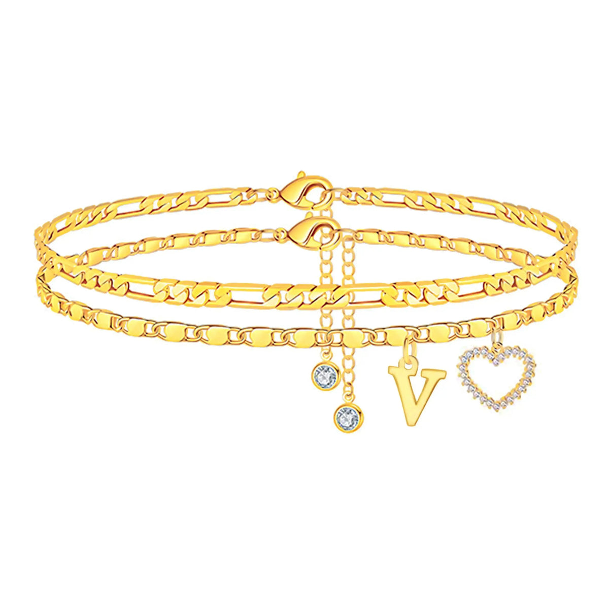 Women's Personalized Initial Alphabet Theme Anklet - Double Layer Gold Metal Coating Heart Charm, Adjustable Dainty Minimalist Stackable Chain, Aesthetic Alt Fashion Jewelry, Holiday Gift Idea, Fashion Accessories
