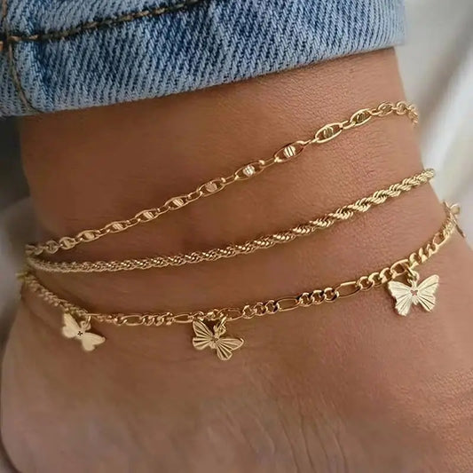Women's Elegant Gold Layered Cuban Chain Link Anklet Set - Chic Motifs Heart Butterfly, Waterproof Beach Foot Chains, Dainty Stackable Ankle Bracelets, Summer Vacation Gift, Non-Tarnish Female Accessories for Women