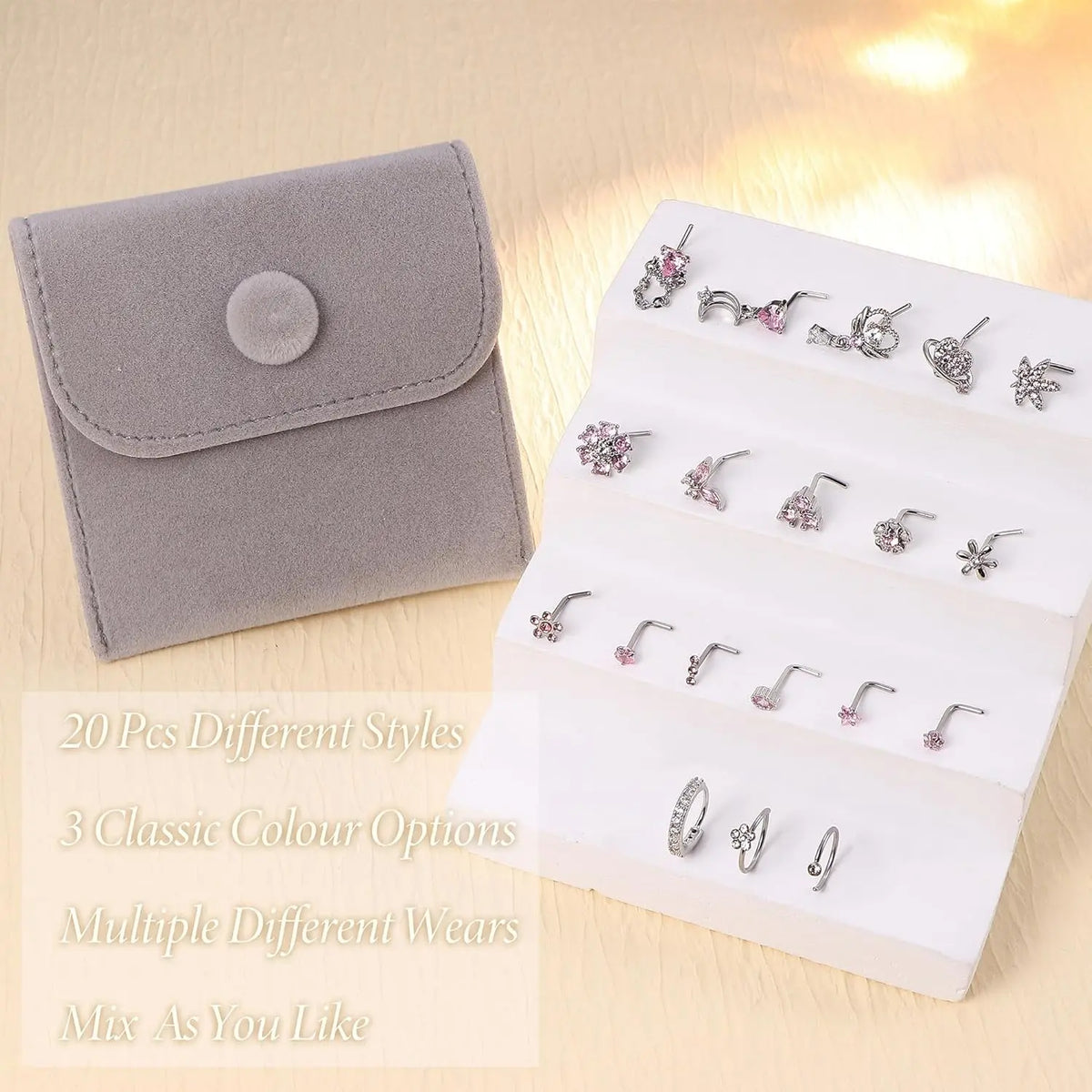 Women's 19-Pcs 20G (0.8mm) L-Shaped Hypoallergenic Nickel-Free Stainless Steel Nose Piercing Studs Set - Cubic Zirconia Butterfly, Heart, Flower Designs, Non-Tarnish Nose Ring Jewelry