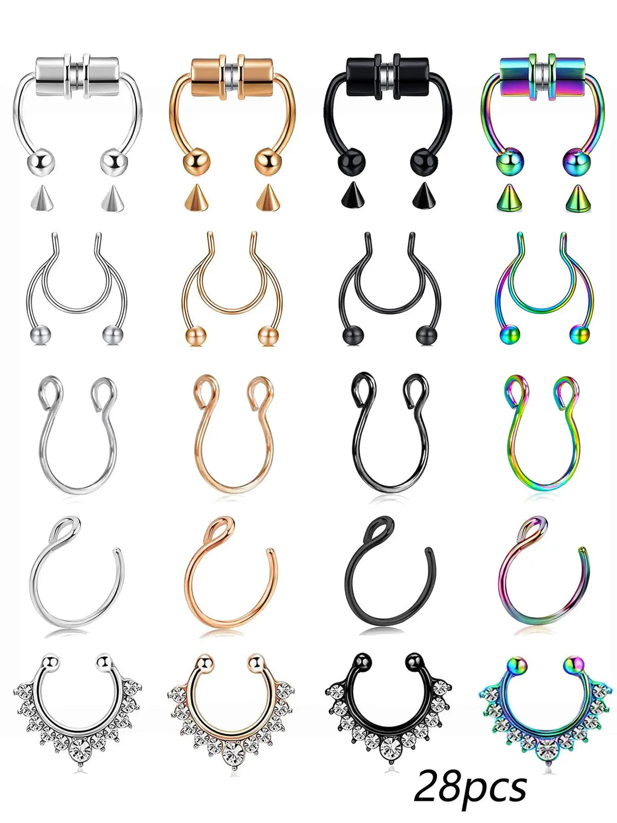 13pcs/set Rhinestone Decorated Faux Nose Rings, Stainless Steel Magnetic Nose Rings Set, Non-Piercing Body Jewellery for Women and Men, Fashion Accessories for Party and Daily Wear