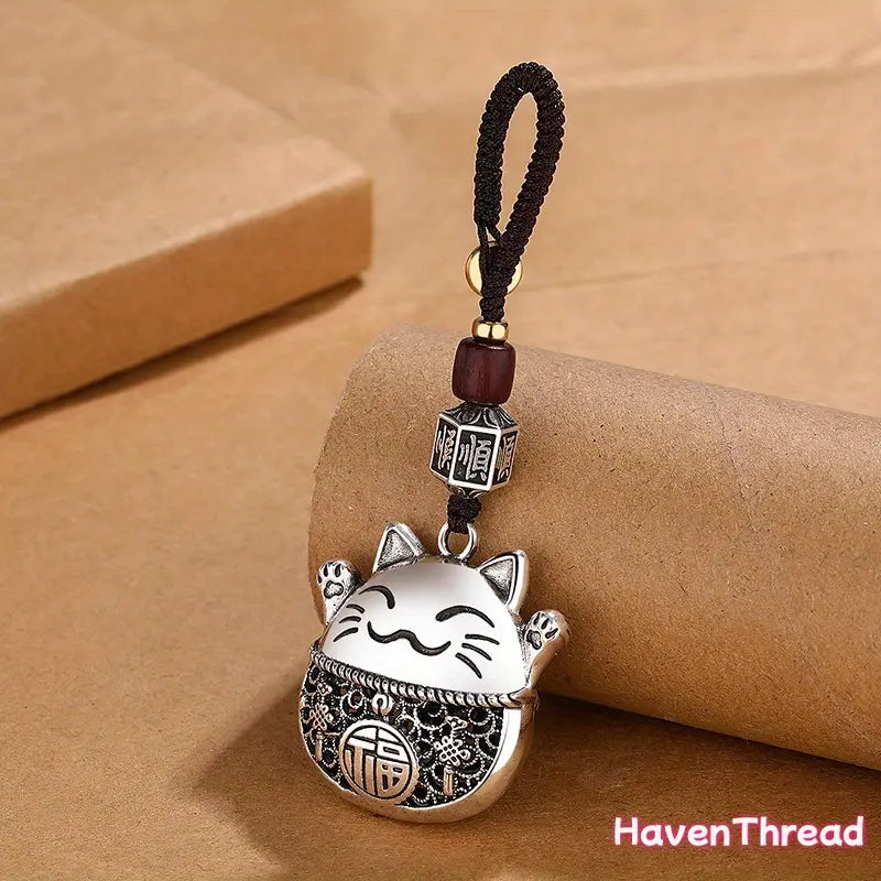 Unisex Chinese-Style Fortune Cat Keychain with Keyring Loop - Jewelry Pendant, Copper Coin Detail, Metal-Coated Wood Cartoon Charm, Ethnic Minimalist Look Modern Adjustable DIY Luggage & Bags Accessory, Fun Daily Carry Add-On