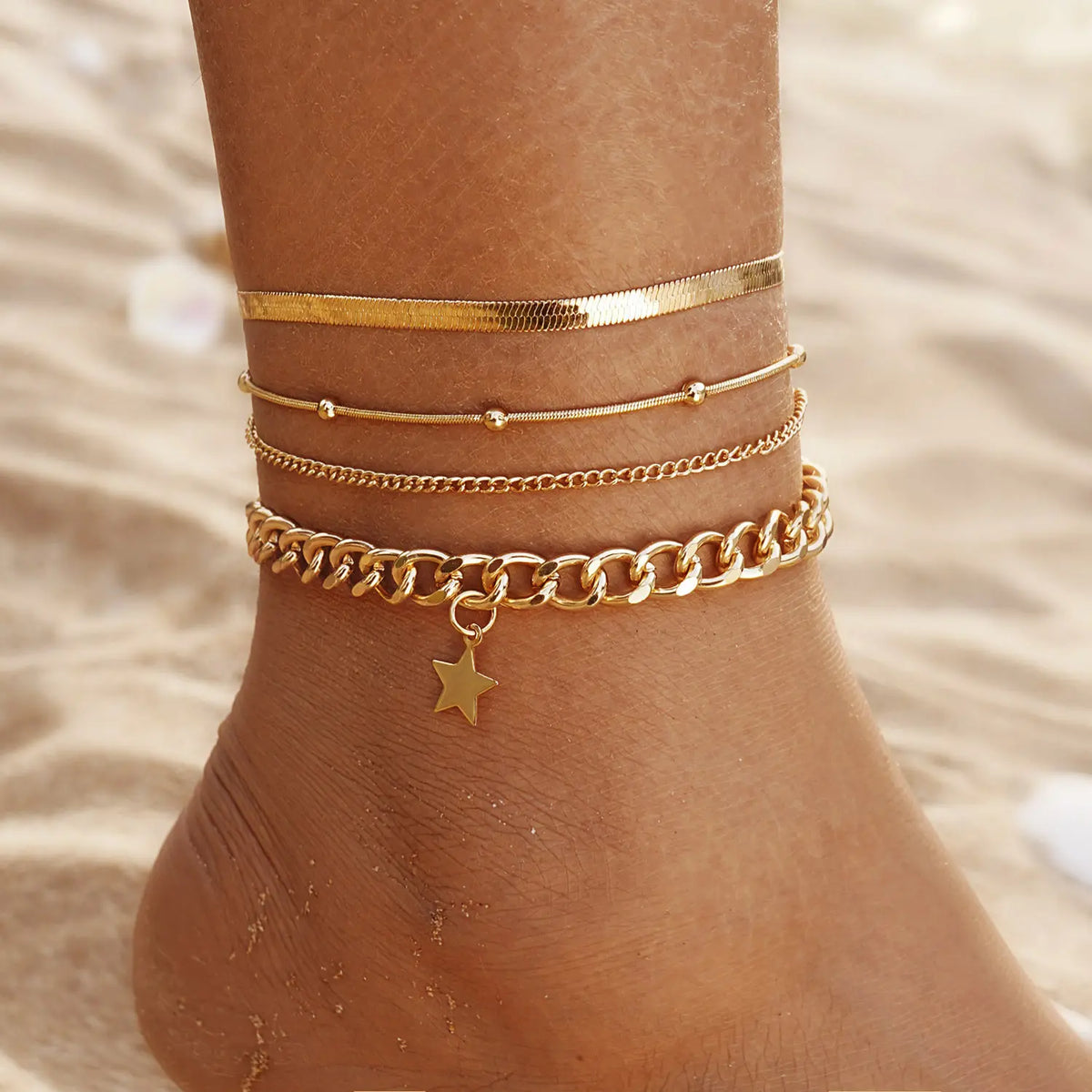 Female Women's Layered Gold Nylon Anklets Set - Retro Coin, Star, Butterfly Heart, Boho Pearl, Infinity Pendant Fashion Chic Accessories, Trendy Wearable Jewelry, Elegant Beach Summer Holiday Gift