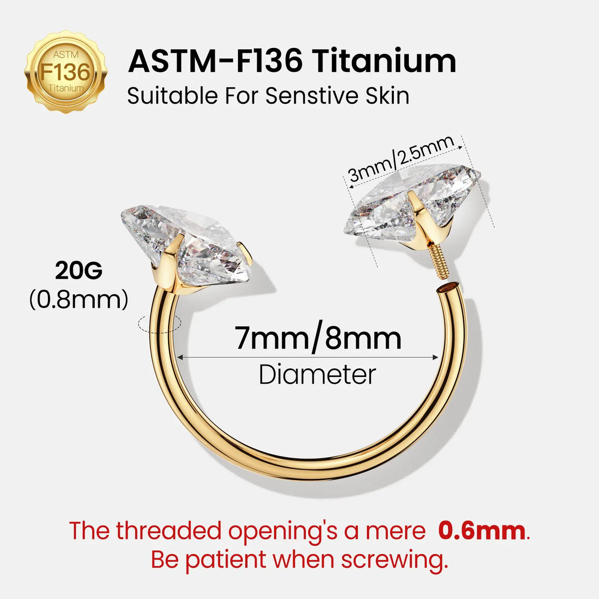 20G Titanium Heart Gems Horseshoe Nose Ring Free Auxiliary Tool Ball Holder Included - Piercing Jewelry