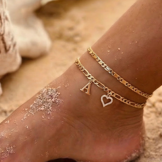 KissYan Women's Customized Dainty Gold Alphabet Ankle Bracelet - Iced Out Open Heart Charm, Figaro & Flat Link Chain, 2 CZ Pendant Drop, Cubic Zirconia, Trendy Accessory, Birthday Gift, Summer Vibe Costume Jewelry, Anklets for Women