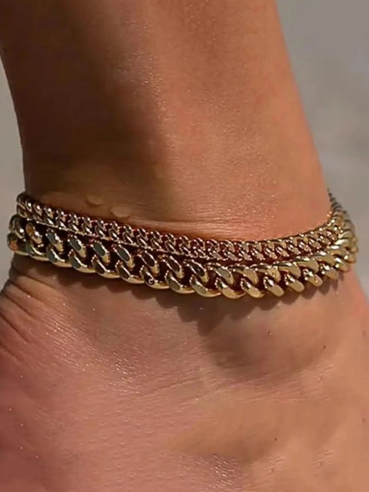 Women's Waterproof Cuban Link Anklet Set, Trendy Multi-Layered Large Ankle Bracelets, Elegant Fashion Jewelry Gift, Stylish Accessory