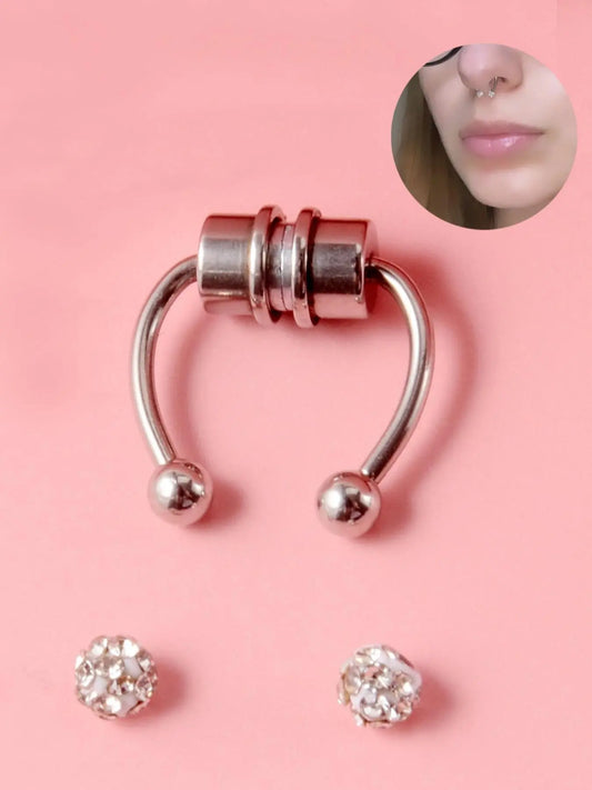 Body No Piercing Fake Piercing Body Jewellery Magnetic Nose Rings with Rhinestone Decorated Replacement Head Magnetic Nose Cuff for Men & Women, Non Piercing Jewelry, Spiral Nose Ring Nose Rings Set, Faux Septum Piercings
