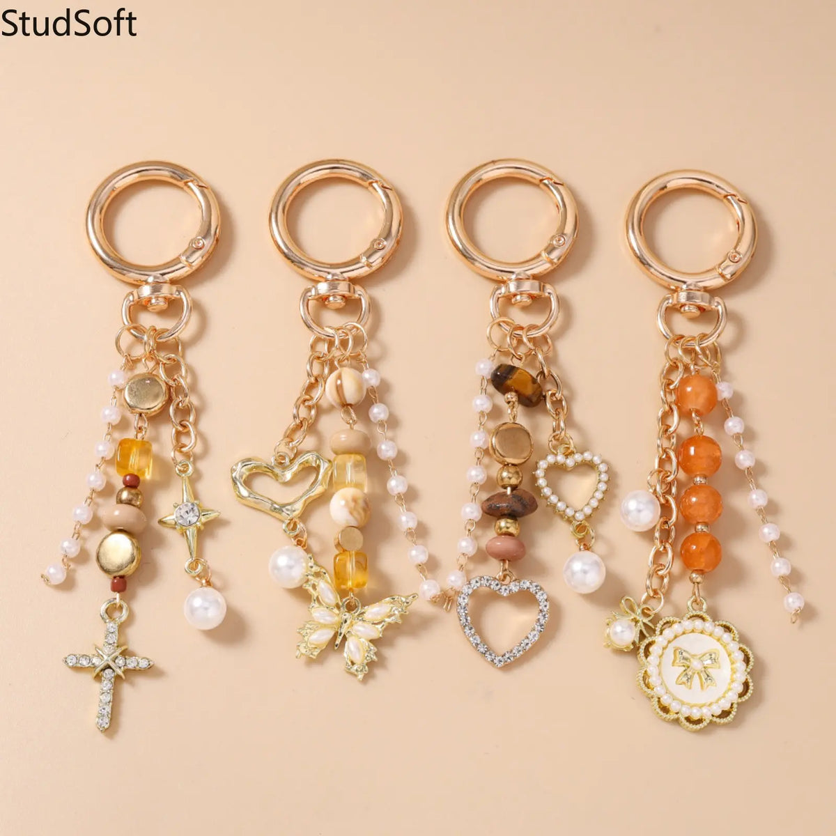 Beaded Wristband Keychain for Women, Funky Purse & Bag Charm with Butterfly, Heart, Cross, and Disc Pendants, Funky Unique Accessories, Cross Heart Disc, Multi-Pendant, Love, Whimsy, Charmful