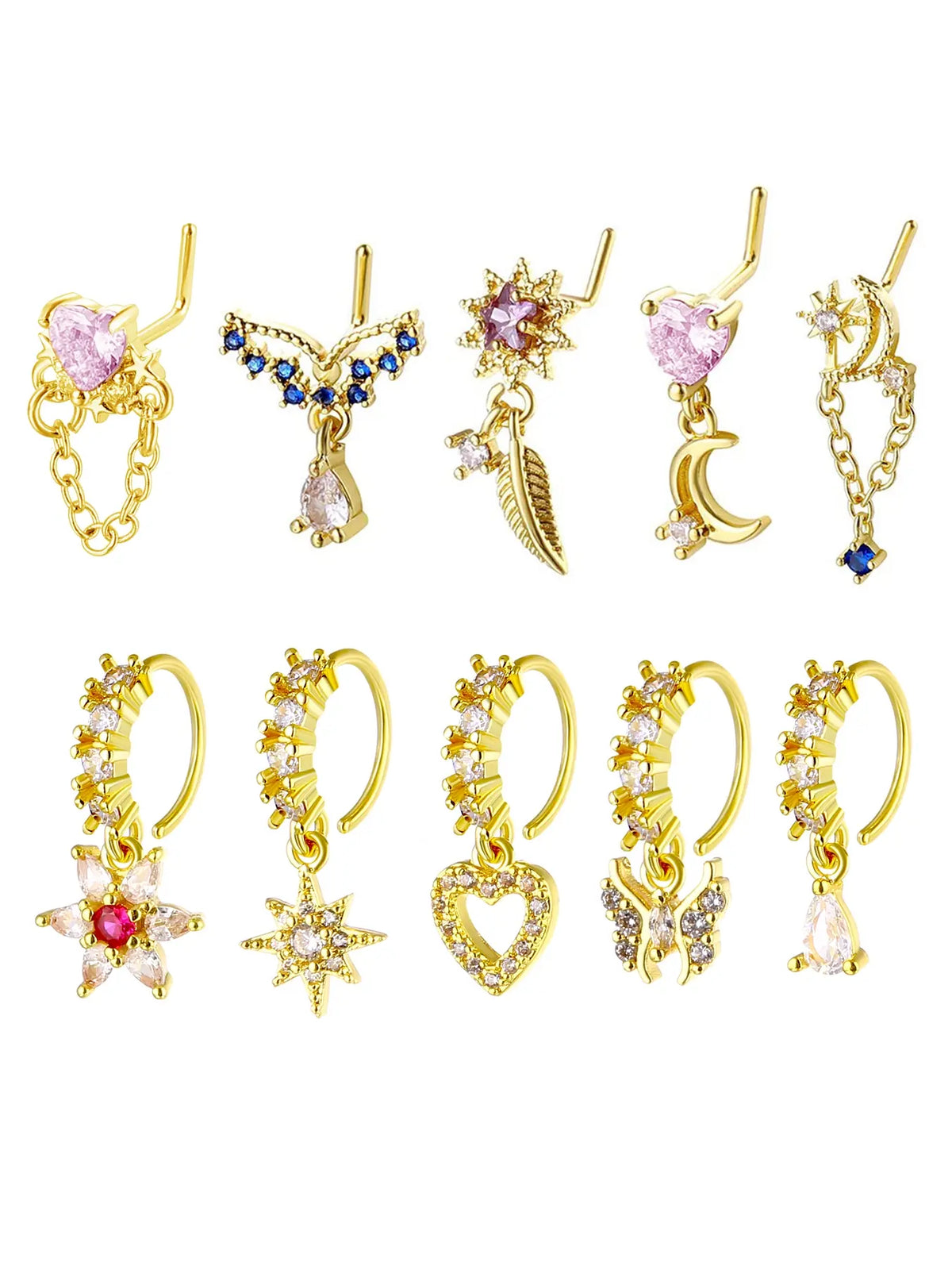 8/10/20 Pieces 20g Dangle Nose Ring, Nose Rings L Shaped, L-Shaped Hanging Stud, Stainless Steel, Cz Flower Pendant, Women's Nose Jewelry, All Seasons