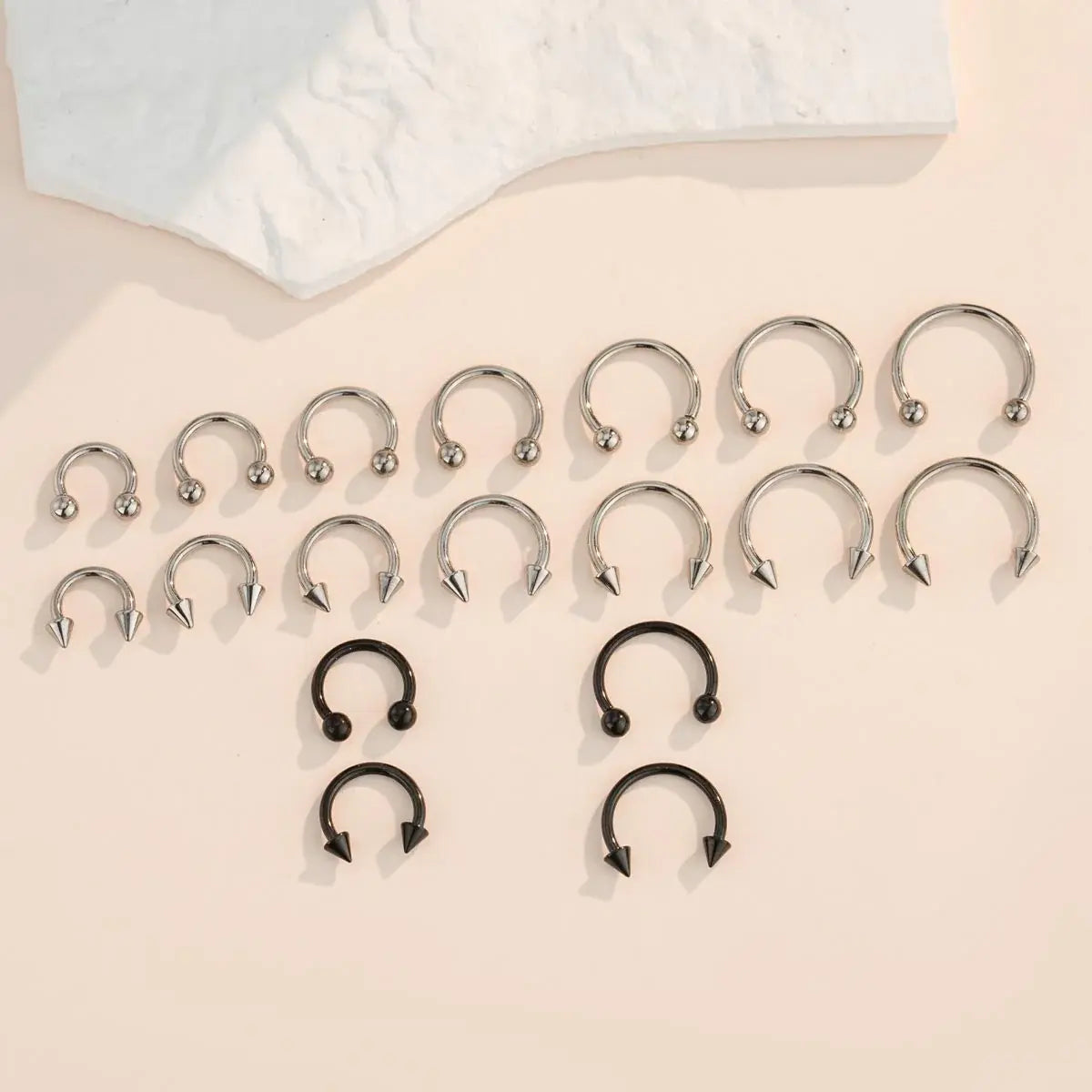 OUFER Body Jewelry 2Pcs 16G Body-Safe Titanium Internally Threaded Horseshoe Septum Clicer Rings - Geometric Spike, 3mm Ball Ends, for Nostril Nose Piercings, Septum Jewelry, Body-Safe Piercing Jewelry