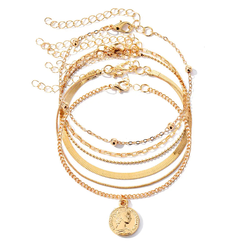 Female Women's Layered Gold Nylon Anklets Set - Retro Coin, Star, Butterfly Heart, Boho Pearl, Infinity Pendant Fashion Chic Accessories, Trendy Wearable Jewelry, Elegant Beach Summer Holiday Gift