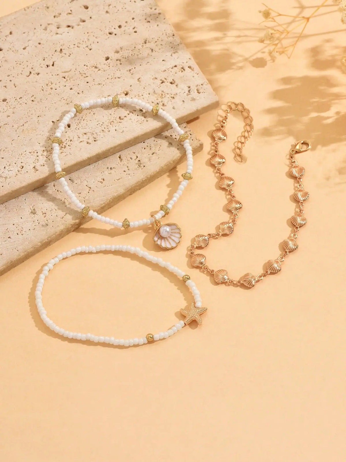 3pcs Set Summer Beach Anklets, Beaded Seashell & Starfish Pendants, Handmade Chains, Fashion Foot Jewelry for Daily Wear, Starfish Accent