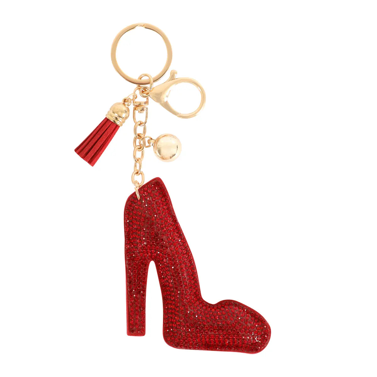 High Heels Rhinestone Tassel Keychain - Pink Glitter Shoe Charm with Gold Tone Hardware