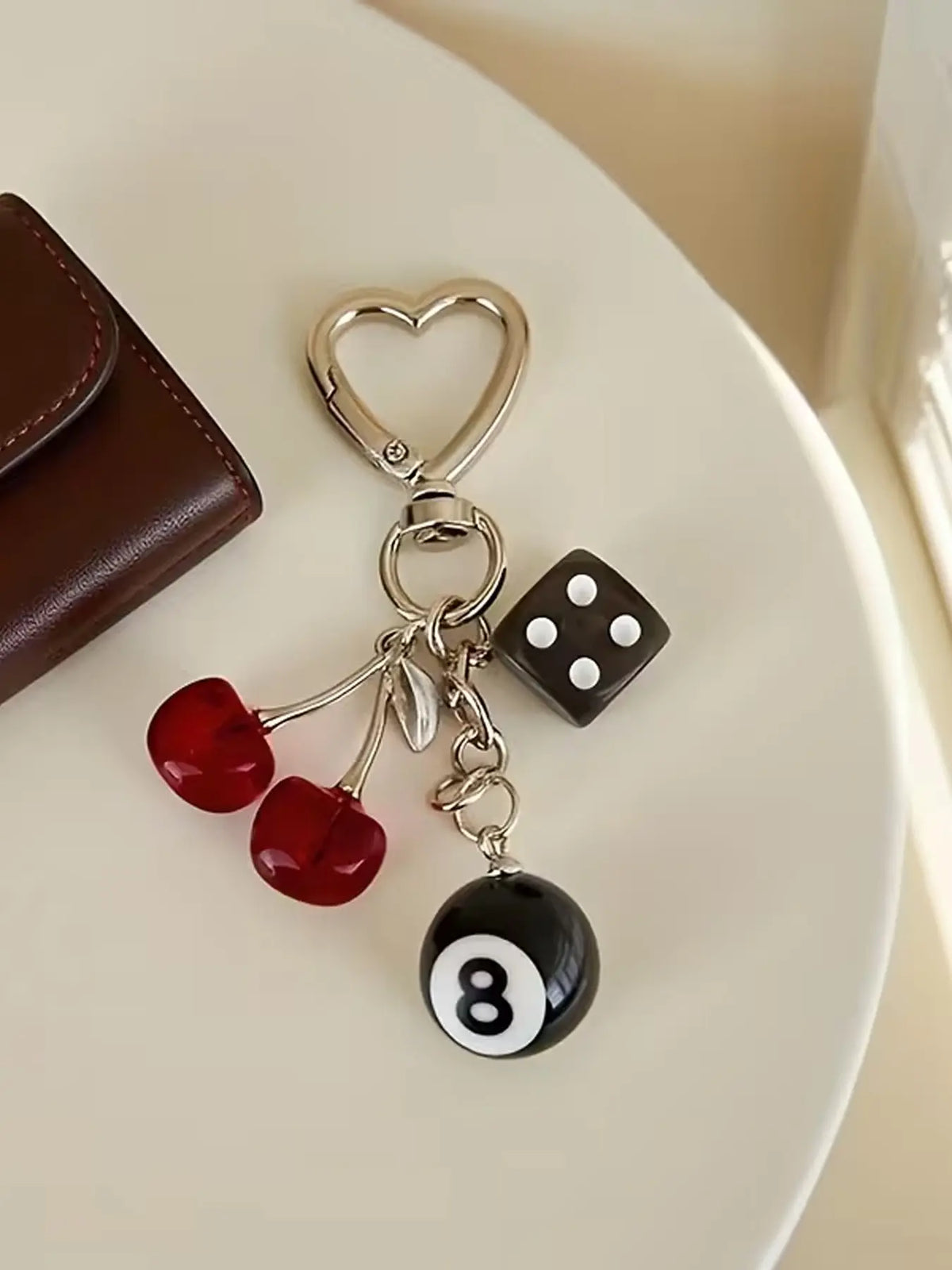 American Retro Y2K Black Dice & Eight Billiard Ball & Cherry Pendant Keychain Charms, Suitable for Decorating Keys, Bags and Earphone Cases, Accessory for Going Out and Dating, Key Accessories