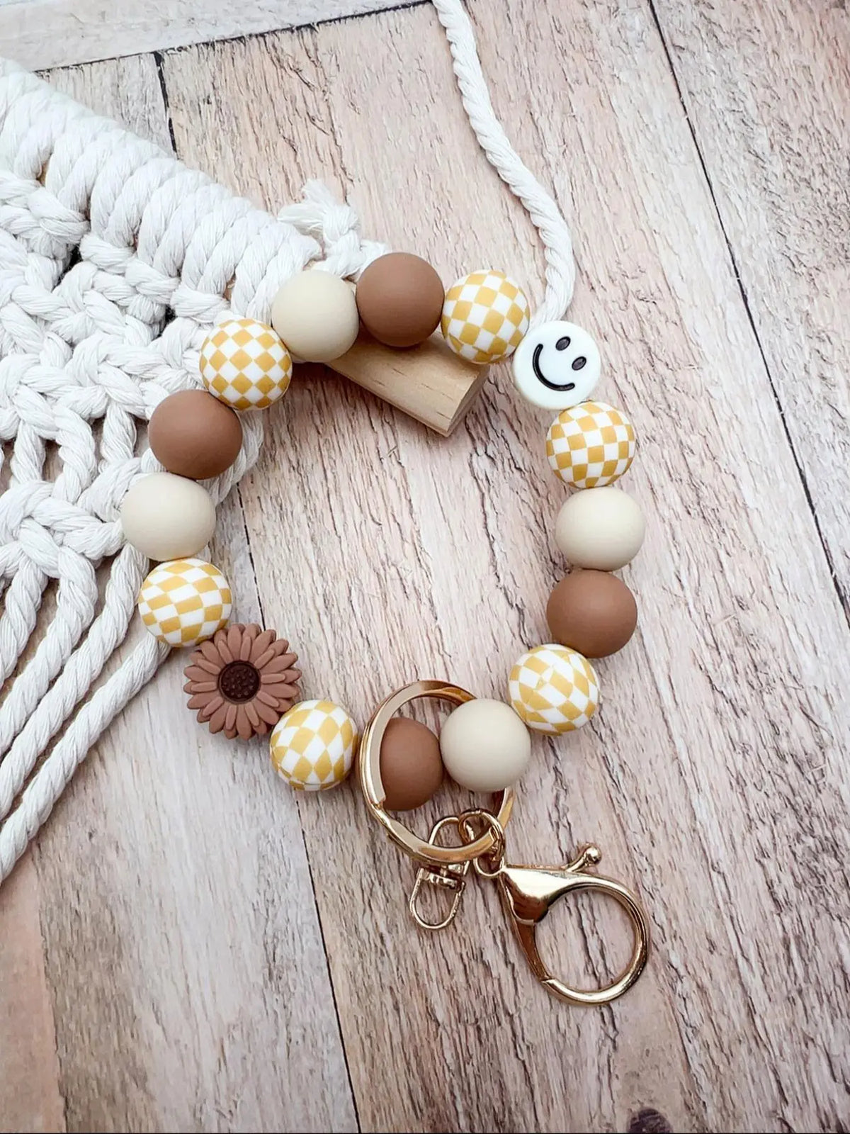 Boho Style Checkerboard Pattern Silicone Beaded Keychain, Cute Flower & Smile Face Charm, Fashion Accessories, Trendy Cute Keychain for Women & Men, Key Rings, Keyring