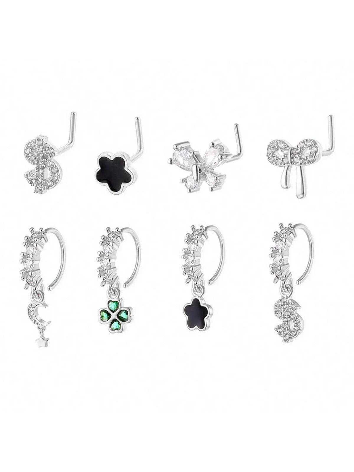8/10/20 Pieces 20g Dangle Nose Ring, Nose Rings L Shaped, L-Shaped Hanging Stud, Stainless Steel, Cz Flower Pendant, Women's Nose Jewelry, All Seasons