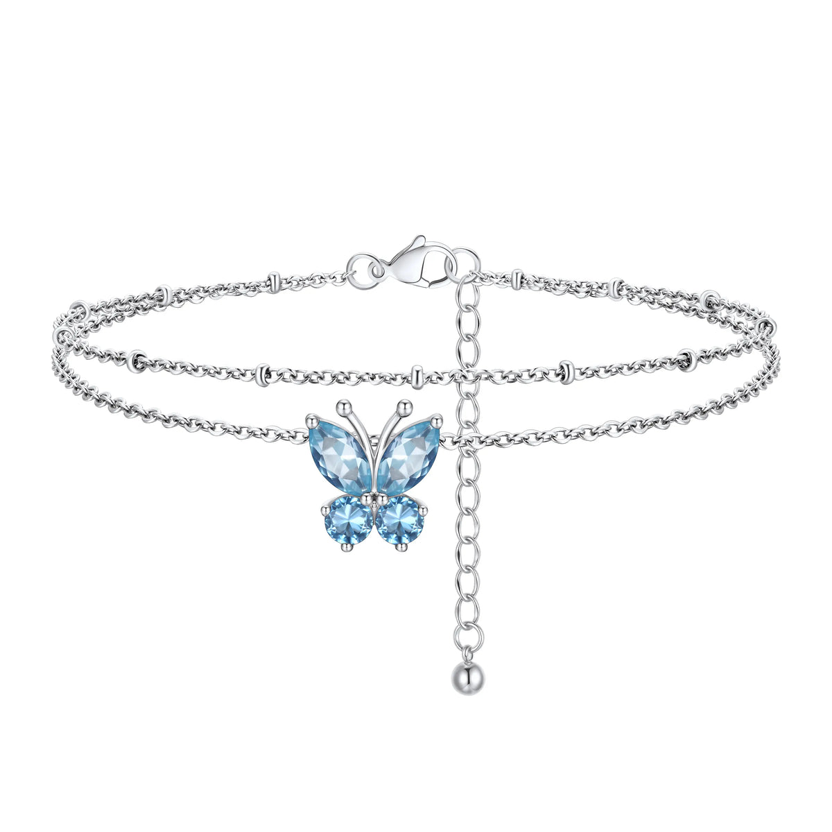 FindChic Women's Trendy Fashionable Accessories 2-Layered Non-Tarnish Tarnish-Proof Butterfly Birthstone Anklet, Zircon-Inlaid Cubic Zirconia Bling Jewellery for Adults, Summer Beach Daily Gift Ankle Bracelet