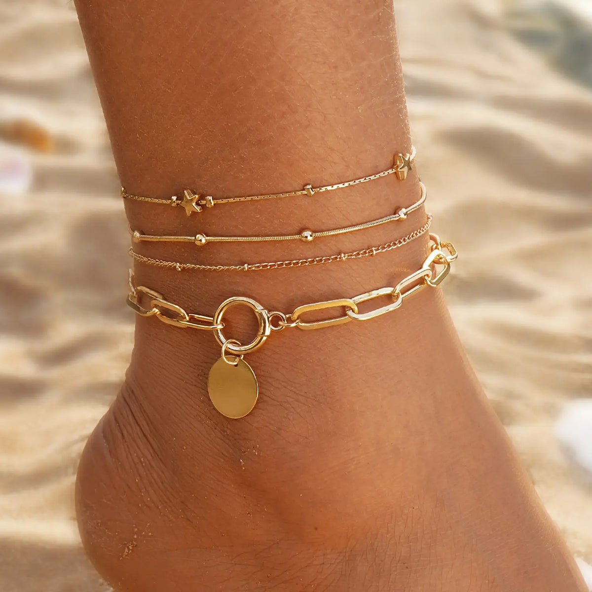 Female Women's Layered Gold Nylon Anklets Set - Retro Coin, Star, Butterfly Heart, Boho Pearl, Infinity Pendant Fashion Chic Accessories, Trendy Wearable Jewelry, Elegant Beach Summer Holiday Gift