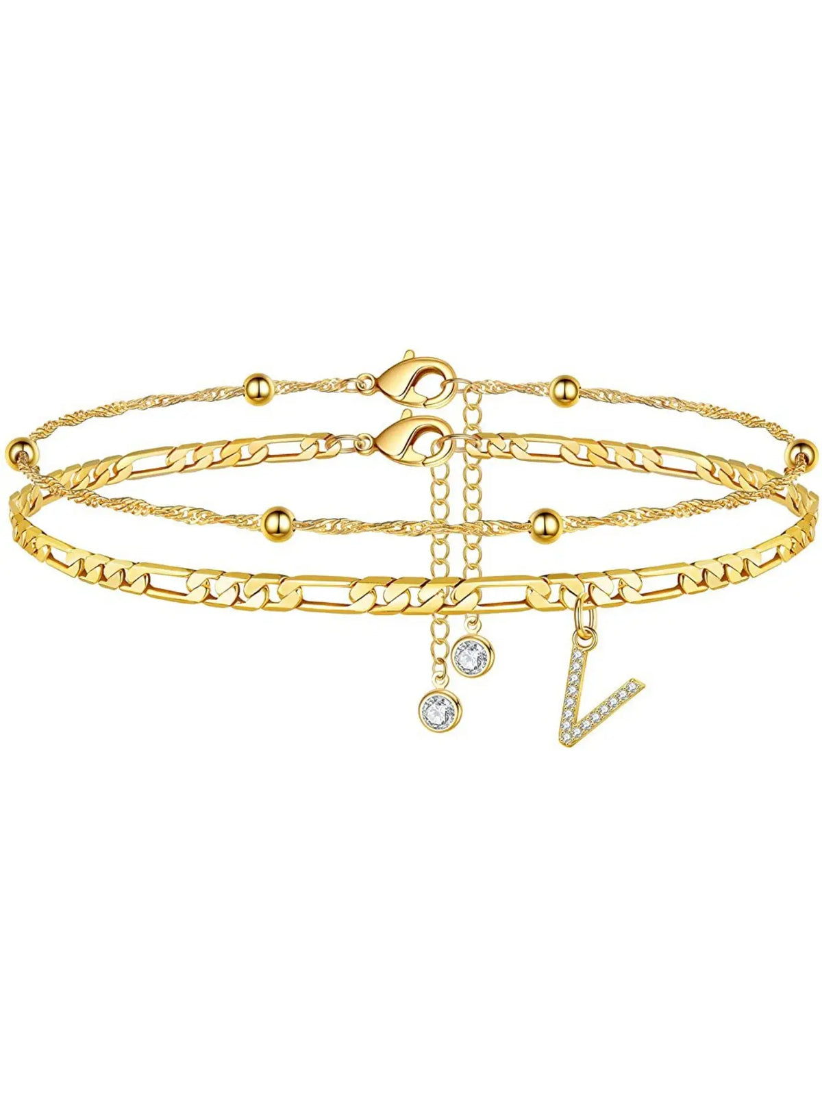 Ladies' ankle bracelet, exquisite layered chain CZ initials ankle chain, Anklets, summer jewelry gift, Elegant Accessory;Adjustable design, very suitable for women. It is a must-have item for summer and an ideal Valentine's Day gift.