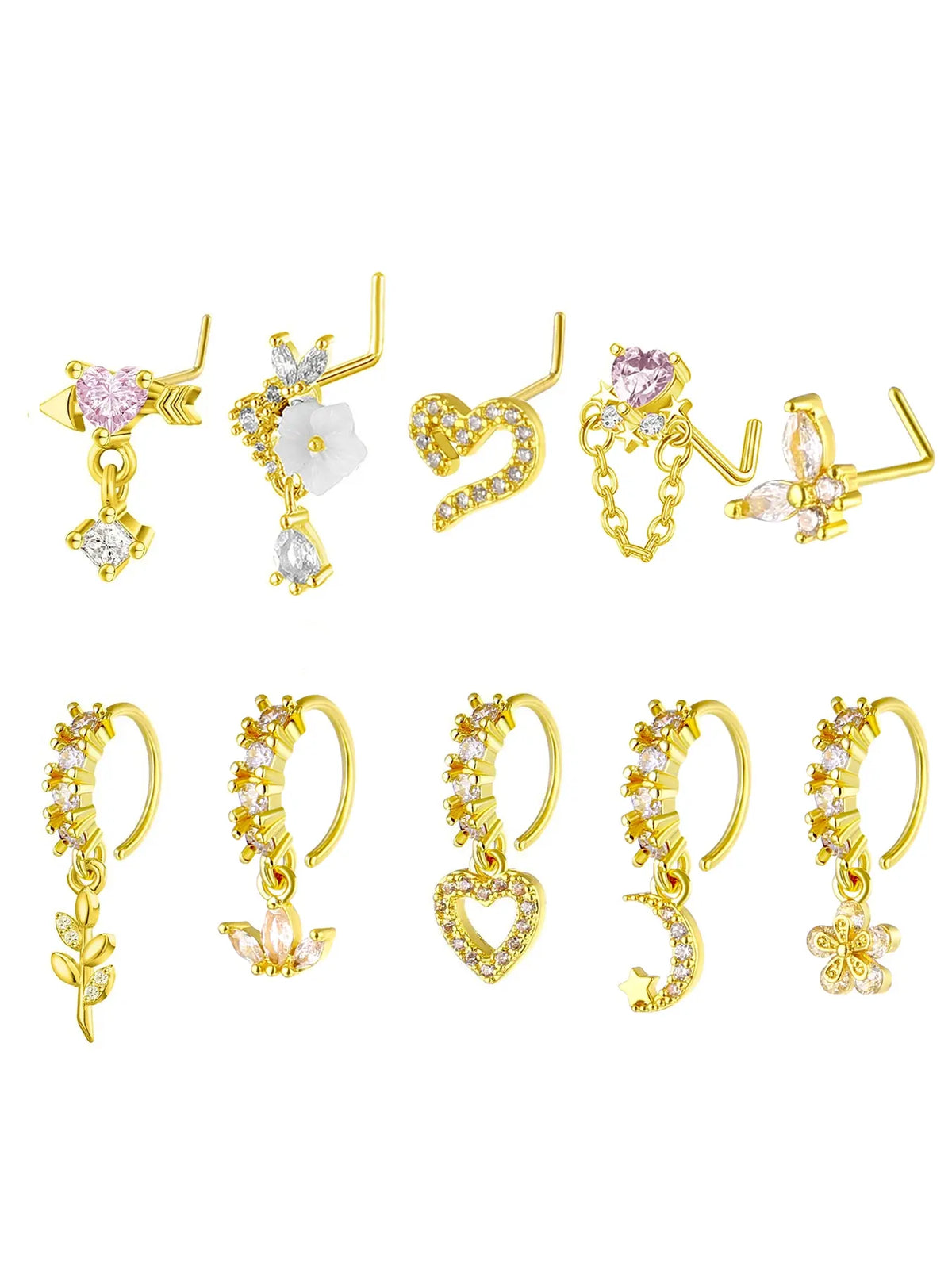 8/10/20 Pieces 20g Dangle Nose Ring, Nose Rings L Shaped, L-Shaped Hanging Stud, Stainless Steel, Cz Flower Pendant, Women's Nose Jewelry, All Seasons