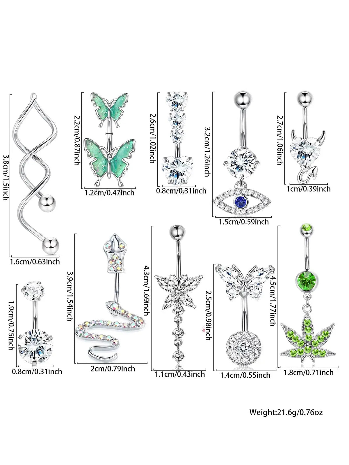 Women's Rhinestone Decorated Charms Belly Piercing Chic Body Jewelry, Body Piercings Set, Belly Button Rings, New Summer 2024 Butterfly & Eye & Snake & Heart Navel Real Jewelry Sets for Women Girls, Body Jewellery