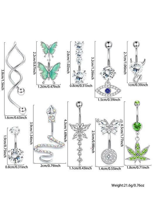 Women's Rhinestone Decorated Charms Belly Piercing Chic Body Jewelry, Body Piercings Set, Belly Button Rings, New Summer 2024 Butterfly & Eye & Snake & Heart Navel Real Jewelry Sets for Women Girls, Body Jewellery