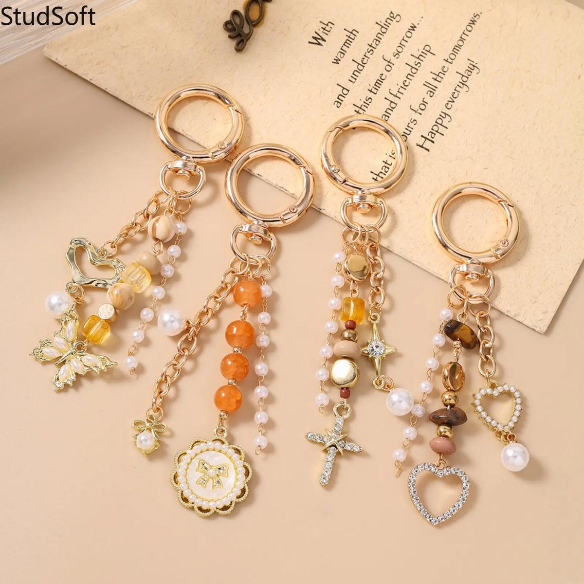 Beaded Wristband Keychain for Women, Funky Purse & Bag Charm with Butterfly, Heart, Cross, and Disc Pendants, Funky Unique Accessories, Cross Heart Disc, Multi-Pendant, Love, Whimsy, Charmful