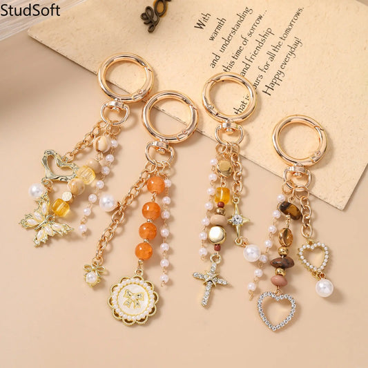 Beaded Wristband Keychain for Women, Funky Purse & Bag Charm with Butterfly, Heart, Cross, and Disc Pendants, Funky Unique Accessories, Cross Heart Disc, Multi-Pendant, Love, Whimsy, Charmful