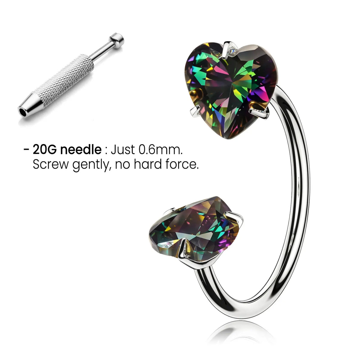 20G Titanium Heart Gems Horseshoe Nose Ring Free Auxiliary Tool Ball Holder Included - Piercing Jewelry