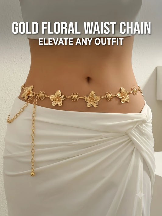 Vintage Metal Flower Waist Chain Belt, Bohemian Holiday-Style Belly Chain, Body Chain Accessory, Versatile Dress Chic Fashion Body Jewelry for Women, Body Chains
