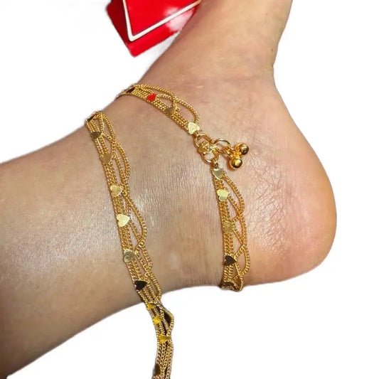 Female Goldtone Glow Chain Details Anklets - 1 Pair Chic Costume Jewelry, Elegant Chain with Geometric Disc Charm Accents, for Casual & Wedding Wear Fashion Accessory