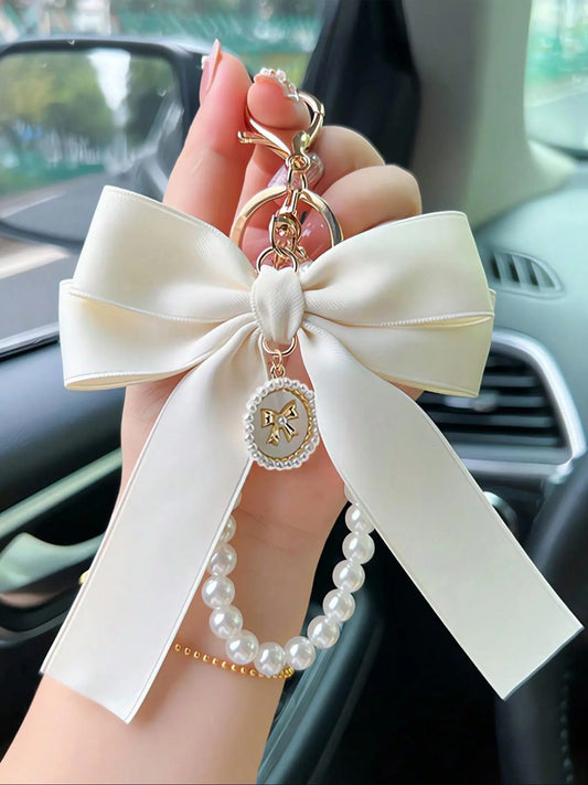 Cute Bow Design Bag Keychain, Faux Pearl Bracelet Keychain, Bag Pendant Keychain, Fashionable Bag Charm for Women & Girls, Cute Keychains