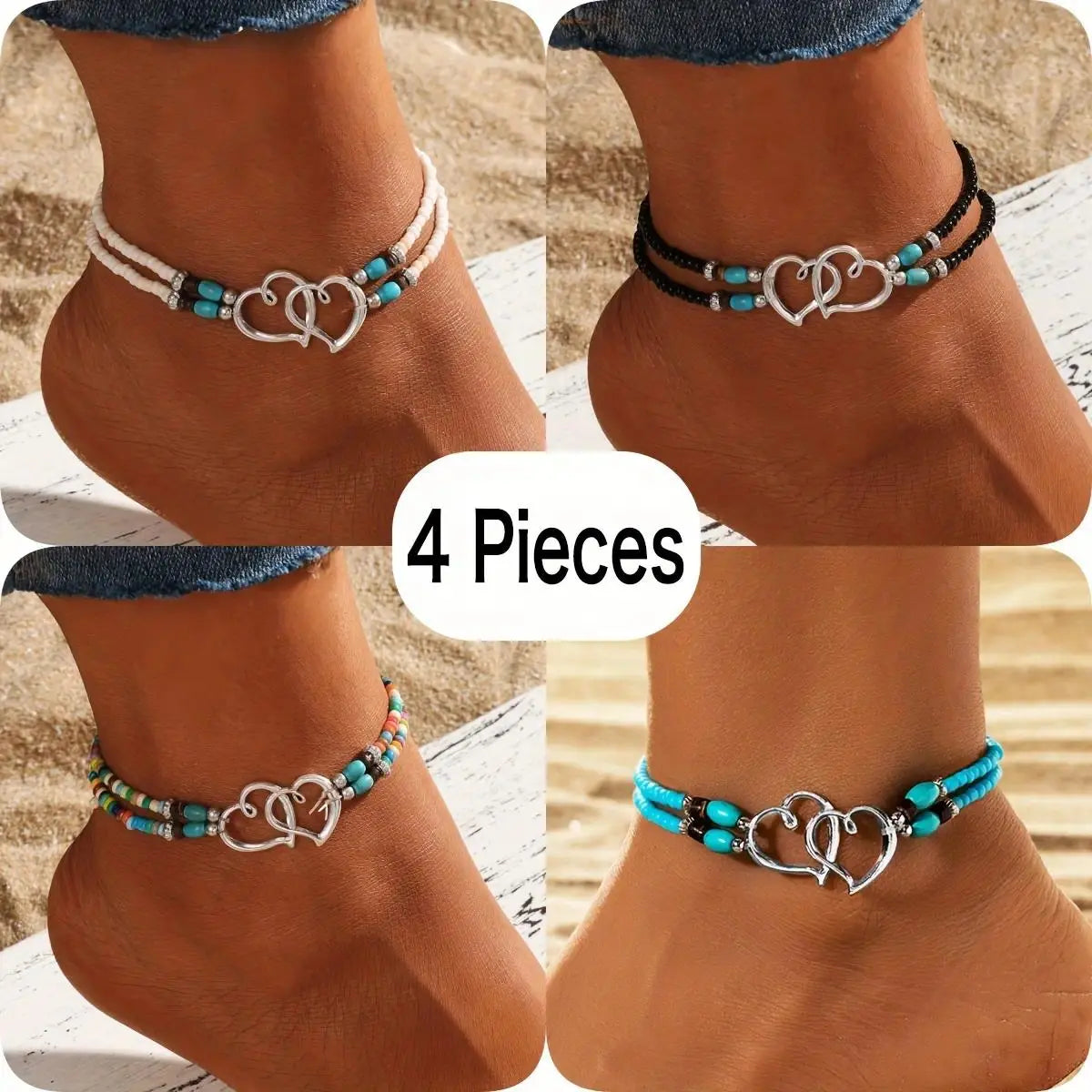 Women's 4-Pcs Multicolor Boho Chic Ankle Bracelet Set - Trendy Jewelry for Women, Shimmering Resin Beads, Hollow Hearts, Elastic Adjustable Bag Charm Accessory for Casual Beach Wear