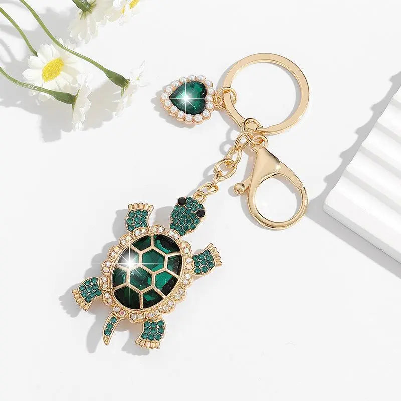 Women's Enameled Metal Cutecore Ocean Theme Charm Keychain - Kawaii Turtle Accessory with Pearl Accents, Bag Chain, Summer Beach Outfit Accent, Gifts for Women, Beachy Gift Idea
