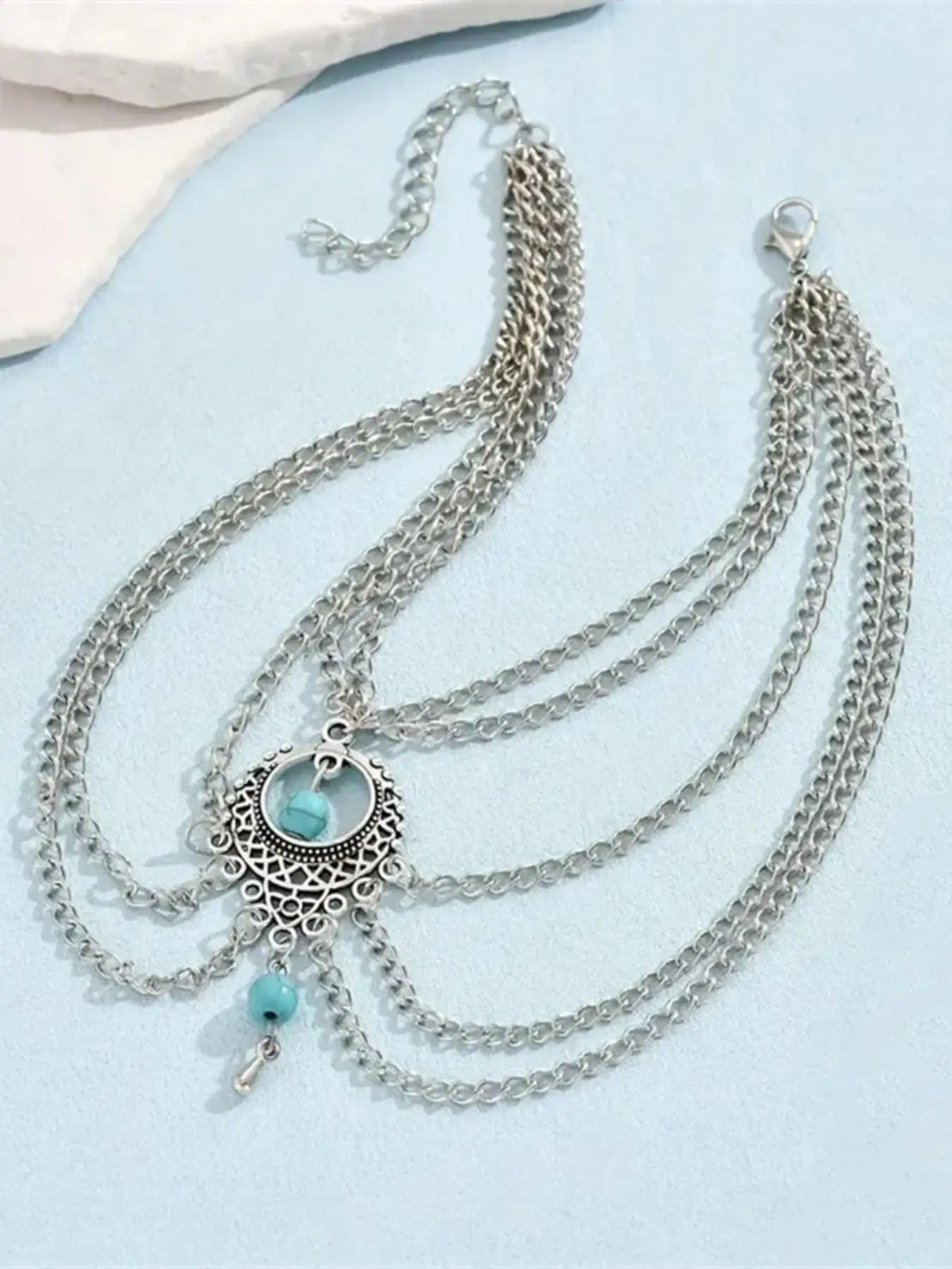 Boho Style Turquoise Beaded Decor Multi-layered Adjustable Strap Anklet, Foot Jewelry, Dainty Layered Anklet, Trendy, All-match & Exquisite Pendant Jewelry for Women & Girls for Party & Daily Cloth Decor, Jewellery, Trendy Fashionable Accessories