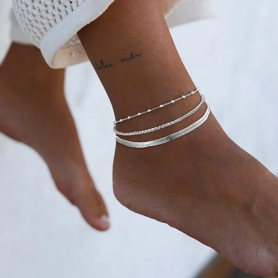 Silver Ankle Bracelets for Women,Dainty Layered Waterproof Anklet for Women Adjustable Sparkly Herringbone Beaded Rope Chain Set Stackable Cute Summer Beach Jewelry Gift
