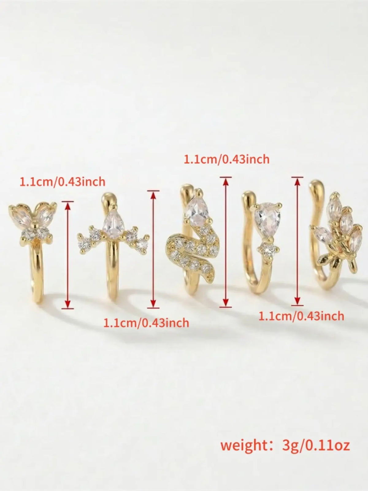 5 Piece Vintage Body Jewelry Synthetic Zircon Nose Rings Set, Butterfly Snake Arrow Geometric Design, No Piercing Needed, Perfect for Daily Wear, Sparkling Zircon Inlay, Body Jewellery