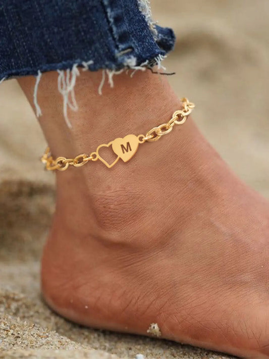 Women's Stainless Steel Ankle Chain, Fashionable Heart Letter Design, Casual Style, All Seasons Wear, No Choking Hazard
