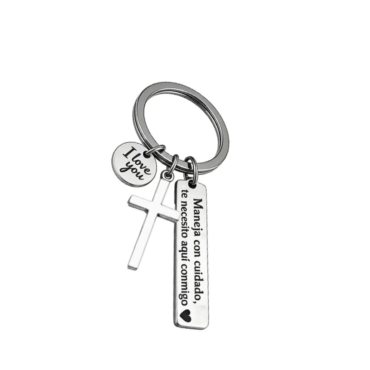 Maneja Con Cuidado Te Necesito Aquí Conmigo Keychain with Cross & "I Love You" Charm, Spanish Drive Safe Stainless Steel Keyring, Romantic Religious Gift for Him/Her Adjustable Heart Rate Couples Bracelet Set Rotating Retractable Reading Badge Holder-MM1